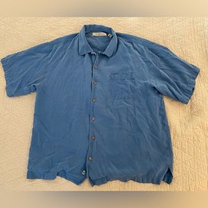 Tommy Bahama Silk Twill Solid Print Short Sleeve Camp Shirt in Blue Size XL